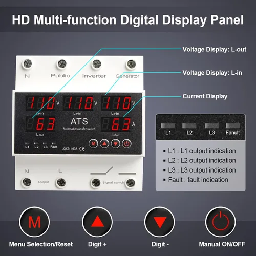 Vista 3 de Interruptor de Transferencia Automática ATS 4P 63A 110V - Selector de Fase de Prioridad L1, 50/60Hz, Montaje en Riel DIN, Certificado CE para Uso