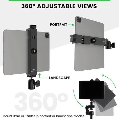 Vista 5 de KobraTech TabMount 360 - Soporte para trípode para iPad Incluye cabeza de bola giratoria y soporte Bluetooth remoto para iPad para trípode