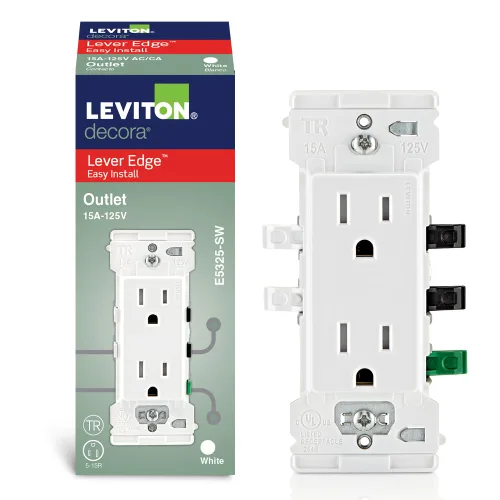 Vista 7 de Leviton Lever Edge - Tomacorriente de pared dúplex resistente a manipulaciones de 15 A, paquete de 10, E5325-MW, color blanco