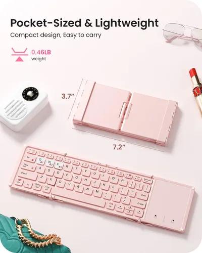 Vista 6 de Artciety - Teclado Bluetooth plegable, portátil e inalámbrico con panel táctil más grande, teclado plegable de bolsillo rosa para MacOS, Android