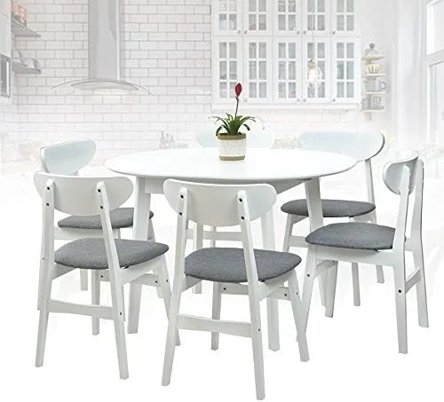 Vista 2 de Yumiko - Juego de 6 sillas de comedor y mesa redonda extensible, de madera maciza moderna con asiento acolchado, color blanco con cojín gris claro