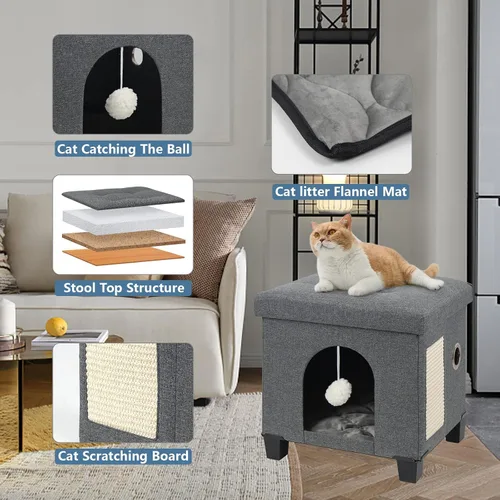 Vista 3 de BRIAN & DANY Casa plegable para gatos, cueva para gatos, cubo para gatos con tablero de rascar y bola, 14.7 x 14.1 x 12.7 pulgadas, gris