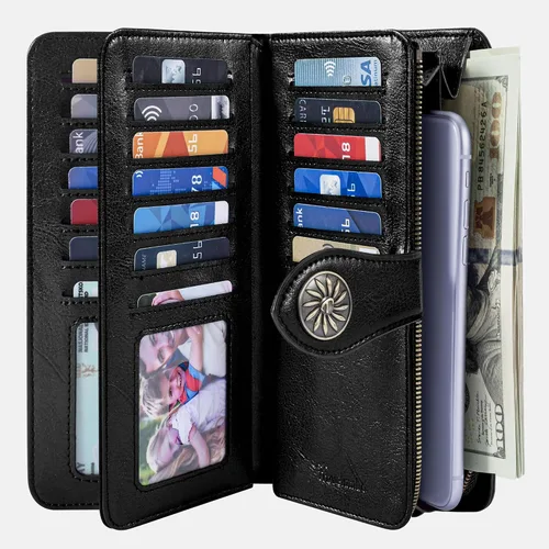 Vista 2 de Travelambo Cartera de mujer con bloqueo RFID para tarjetas de crédito, cartera de cuero de gran capacidad