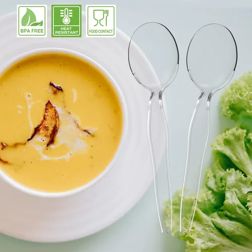 Vista 3 de Cucharas de sopa de plástico, cubiertos transparentes pesados, utensilios desechables para suministros de fiesta, paquete de 100
