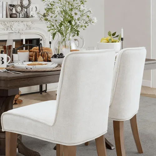Vista 5 de Mid-Century - Juego de 6 sillas de comedor de tela de lino blanco sólido con patas de madera de nogal, respaldo acolchado, sillas laterales rústicas