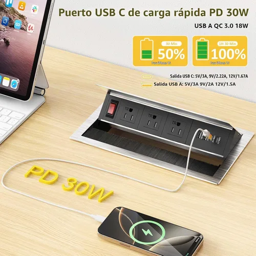 Vista 9 de Kungfuking Regleta de alimentación empotrable con USB C PD 30W, mesa de conferencias, caja de conectividad giratoria con interruptor y carcasa