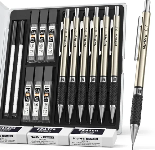 Vista 12 de Nicpro Juego de lápices mecánicos artísticos de 0.020 in en estuche de almacenamiento, 3 lápices de dibujo de metal con 6 recambios HB de tubo, 3