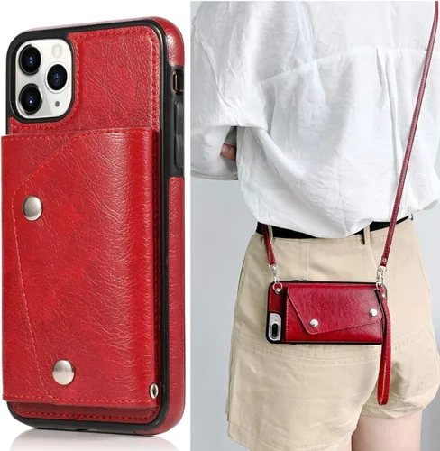 Vista 10 de LUVI Funda con tarjetero para iPhone 11 Pro con correa para el cuello, cadena cruzada, correa de muñeca, funda protectora con ranura para tarjeta