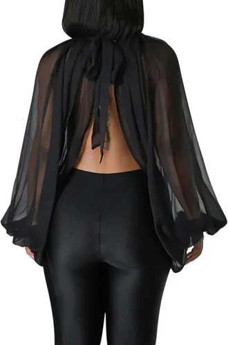 Vista 4 de Tops Sexys para Mujer Fiesta Club Noche con Mangas de Murciélago de Gasa Transparente con Lazo Trasero en la Parte Frontal Camisas de Mujer Casuales