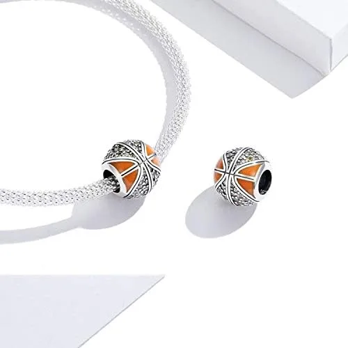 Vista 6 de Abalorio de cuentas de voleibol de plata de ley 925 con cuentas deportivas, pulsera original (personaje de baloncesto naranja)
