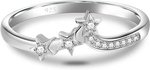 Vista 2 de BORUO Anillo de plata de ley 925, anillo de boda de 3 estrellas con circonita cúbica de ajuste cómodo, tamaño 4-12