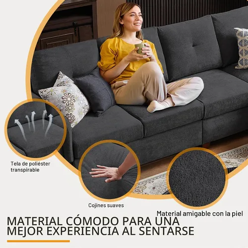 Vista 3 de Sofá Seccional Convertible, Sofá en Forma de L de 4 Asientos con Almacenamiento, Respaldo Alto y Portavasos, Sofás Modernos de Tela de Microfibra