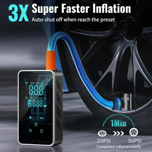Vista 4 de Inflador de neumáticos, compresor de aire portátil, bomba de aire de 150 PSI para automóvil, bomba de bicicleta, pantalla táctil/manómetro/luz