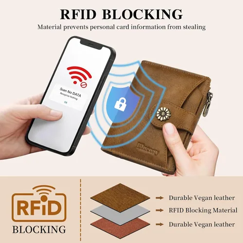 Vista 6 de Billetera para mujer, con bloqueo RFID, de piel de microfibra, compacta, plegable, con ventana de identificación extraíble (marrón)