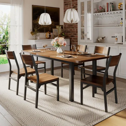 Vista 10 de iPormis Juego de mesa de comedor y sillas de 7 piezas para 4-6, mesa de cocina extensible de 63 pulgadas con 6 sillas, mesa de comedor con marco