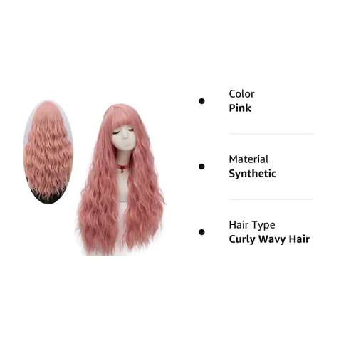 Vista 9 de Netgo - Peluca de fibra resistente al calor para mujer, color morado, larga y ondulada, con fleco, Rosado