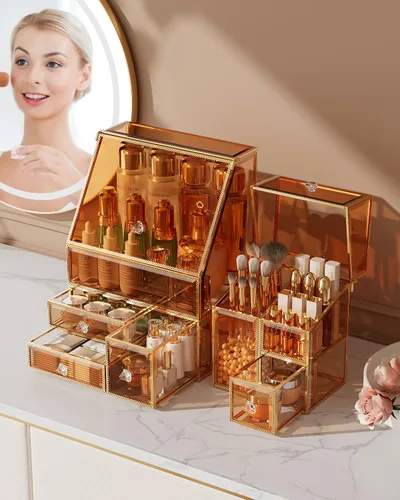 Vista 5 de CoralHouse Organizador de maquillaje ámbar, organizador de tocador de vidrio para cuidado de la piel, lápices labiales, perfumes, brochas