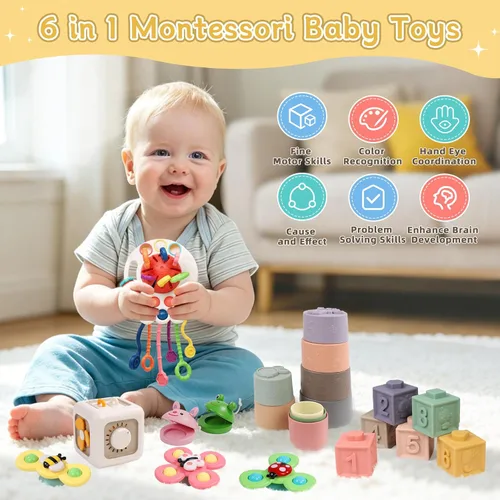 Vista 2 de Juguetes para bebés de 6 a 12 meses, juguetes Montessori 6 en 1 para niños pequeños de 1 a 3 años, juguete sensorial de cuerda sensorial para bebés