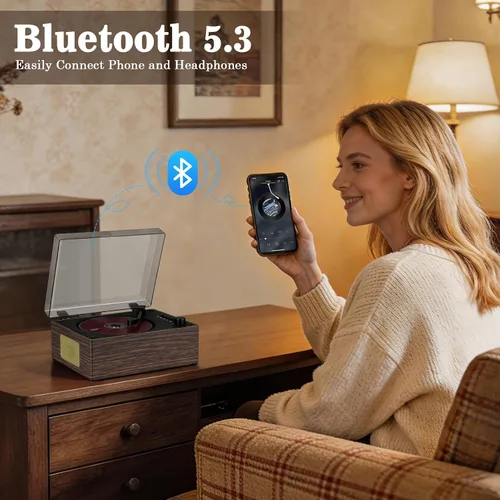 Vista 4 de Reproductor de CD de grano de madera de nogal con Bluetooth 5.3 - Reproductor de música de escritorio retro, altavoces de alta fidelidad duales