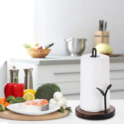 Vista 4 de Soporte para toallas de papel de pie, estante para colgar papel de cocina, organizador de toallas de papel de madera, dispensador de rollos
