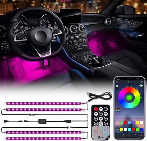 Vista 10 de Xprite Tira de luces LED Dreamcolor para interior de auto con Bluetooth, control remoto y aplicación, luces RGB de persecución para espacio