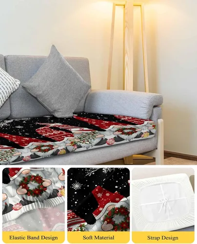 Vista 4 de Fundas de cojín elásticas negras para sofá de Navidad, seccional/individual/L/T, funda protectora para muebles con parte inferior elástica, gnomos