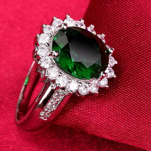 Vista 4 de YAZILIND anillo con circonia con forma de esmeralda sobre flor enchapado en plata para mujer, tamaño de regalo