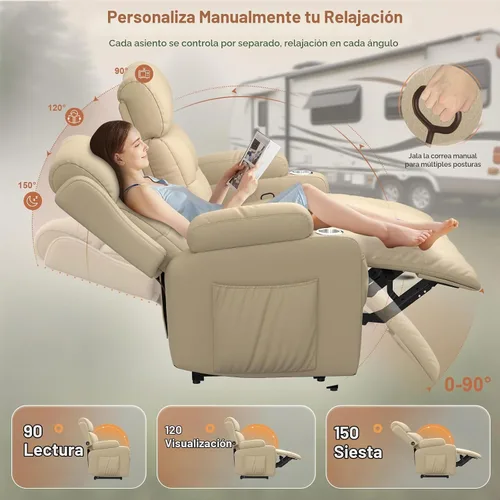 Vista 7 de Sofá reclinable de dos plazas para cine en casa, sofá reclinable de pared con USB, portavasos, sillón reclinable de tela de guijarros, sofá cama