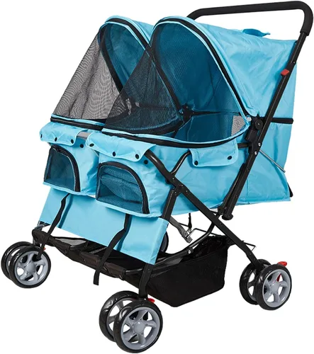 Vista 3 de Cochecito de mascotas plegable doble perro gato carro de viaje, varios colores azul