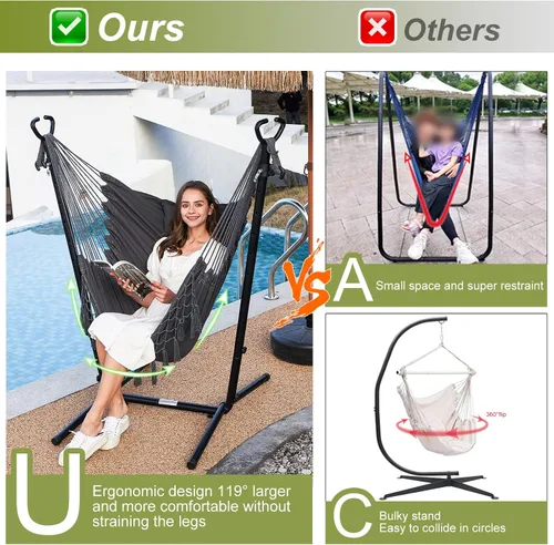 Vista 10 de Hamaca con soporte y soporte para teléfono incluido Silla colgante doble de macramé estilo boho hecha a mano, columpio ajustable para interiores