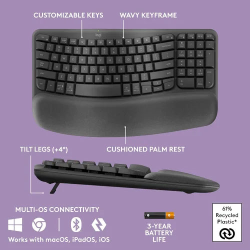 Vista 6 de Logitech Wave Keys MK670 Wireless Ergonomic Keyboard Mouse Combo - Graphite Grafito