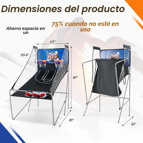 Vista 6 de GYMAX Juego de baloncesto arcade plegable para interiores con 8 modos de juego, sonido de arcade, 4 bolas y bomba de inflado, juegos de baloncesto