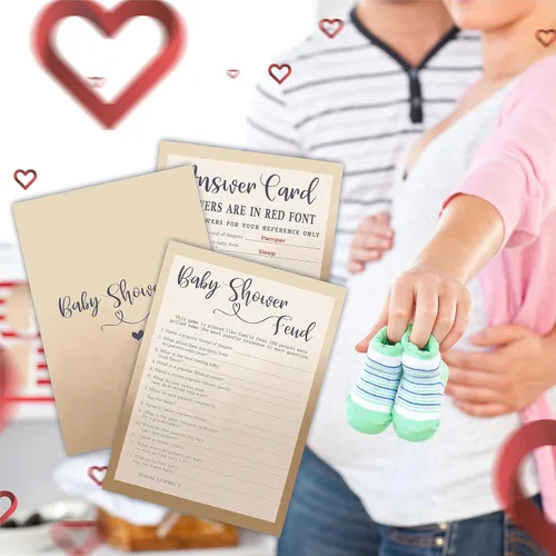 Vista 3 de Family Feud - Tarjeta de juego para baby shower, juego de relleno de doble cara caqui de 5 x 7 pulgadas para bebé, niño o niña, 30 tarjetas y 1