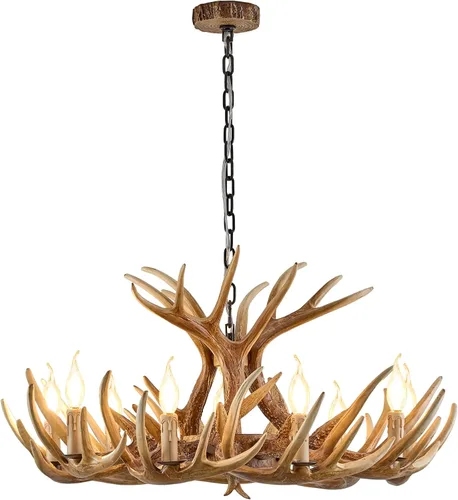Vista 10 de Candelabro de cornamenta de 6 luces, estilo rústico, base E12, cornamenta de ciervo, iluminación para el hogar, tienda y bar