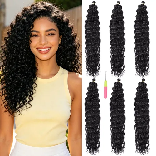 Vista 8 de MAYSA Cabello ondulado de ganchillo azul, cabello ondulado con ganchillo para mujer, extensiones de cabello sintético de onda profunda de 22