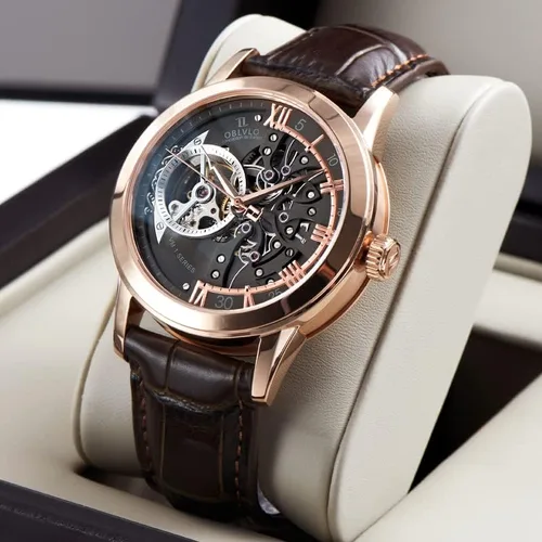 Vista 5 de OBLVLO Relojes casuales de lujo con diseño de esqueleto oro rosa relojes automáticos cristal de zafiro VM-S