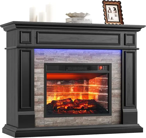 Vista 18 de Soporte de TV con chimenea de 72 pulgadas con toma de corriente y LED, chimenea eléctrica con repisa, centro de entretenimiento con almacenamiento