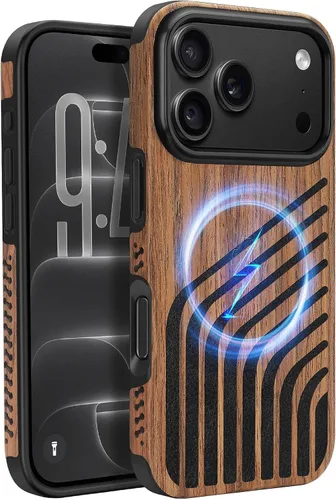 Vista 18 de Funda magnética compatible con iPhone 11 [Compatible con MagSafe] Diseño híbrido de madera y cuero con fibra de carbono, funda protectora a prueba