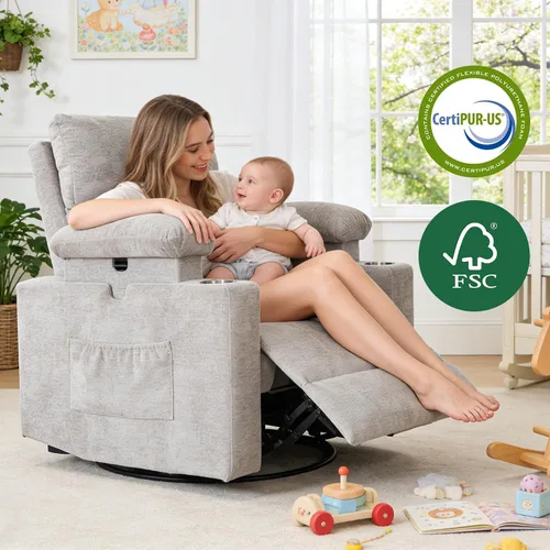 Vista 6 de Glider - Silla reclinable para guardería con reposabrazos ajustables, mecedora con masaje y calor, mecedora giratoria con reposacabezas ajustable
