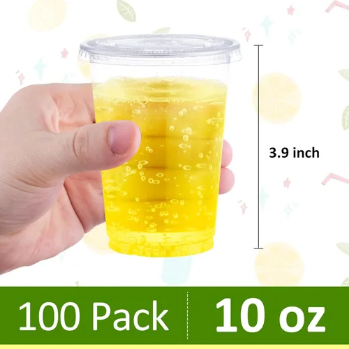 Vista 2 de Eupako 10 onzas - 100 juegos de vasos de plástico con tapas, vasos desechables transparentes con tapas, contenedores para bebidas frías, postres