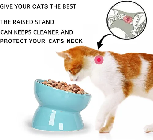 Vista 4 de ONTUBE - Cuenco elevado de cerámica para gatos, 10 onzas (azul) Ceramic, elevated, 5.3in, 10oz, pet bowl, easy-clean, non-slip, sturdy, ergonomic