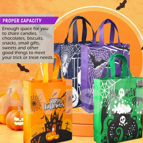 Vista 3 de Aviski 6 bolsas de Halloween para dulce o truco, no tejidas grandes bolsas de regalo con asas para envolver regalos, suministros de fiesta, 15 x