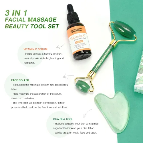 Vista 5 de NEUTRIHERBS Jade Gua Sha y rodillo facial y suero de vitamina C Set de herramientas faciales (kit 3 en 1), masajeador facial casero para arrugas