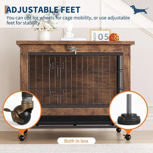 Vista 5 de Mueble de jaula para perros pequeños con ruedas, perrera de madera resistente de 2 puertas, para interiores, mesa auxiliar de jaula para perros