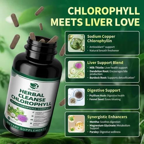 Vista 4 de Lukaree Cápsulas de Complejo Herbal de Clorofila, 60 Cápsulas Veganas de Clorofila para Desintoxicación, Digestión, Salud Intestinal y de la Piel
