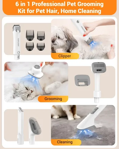 Vista 2 de Kit de aseo para perros 6 en 1, aspiradora blanca plateada para perros para arrojar cabello en casa
