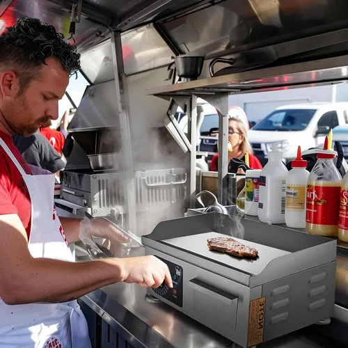 Vista 7 de WeChef - Plancha eléctrica comercial de 14 pulgadas, 1500 W, parrilla de restaurante con parte superior plana, antiadherente, control de temperatura