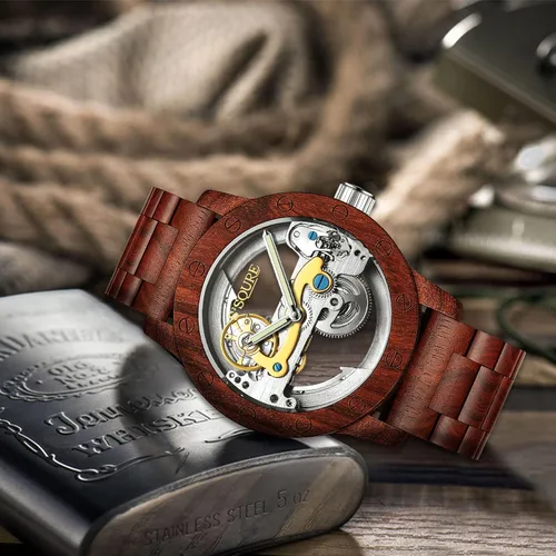 Vista 5 de S2SQURE - Reloj de pulsera para hombre mecánico automático automático de lujo esqueleto steampunk para hombre ligero con banda de madera marrón