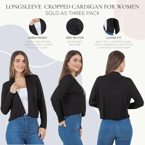 Vista 5 de Azules Cárdigan corto para mujer, suéter ligero de manga larga, cárdigan corto con frente abierto para vestidos