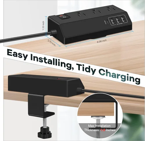 Vista 5 de Regleta de alimentación con abrazadera de escritorio de 3 salidas con 4 puertos USB, protector de sobretensiones de montaje en borde de escritorio